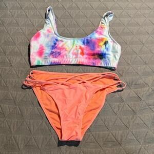 Womens Tie Dye Bikini Swimsuit‎ Peach Strappy Bottom